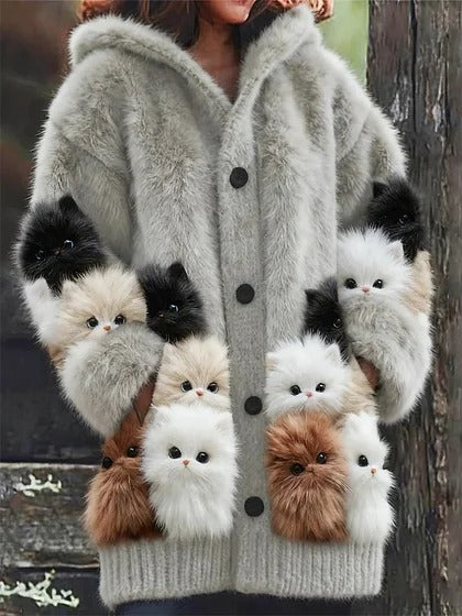 🔥🐾【descuento por tiempo limitado -50%】 Abrigo con capucha para mujer, elegante y adorable, con estampado de animales, ideal para otoño e invierno 🧥✨-E