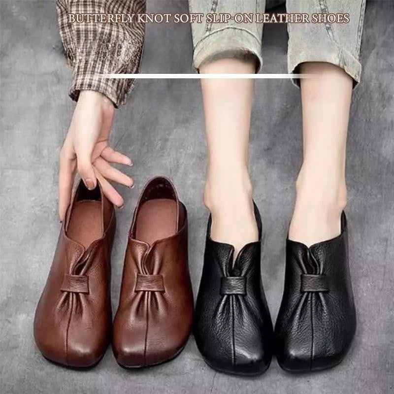 【35-42】2026 nuevos zapatos sin cordones de suela suave con lazo, piel de vaca de alta calidad