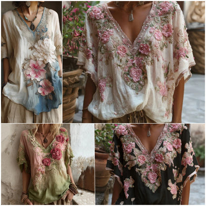 【S-4XL】Blusa elegante con cuello en V profundo y estampado floral