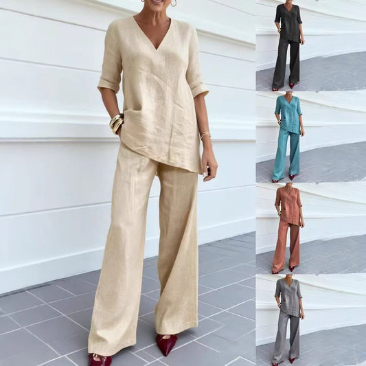 【40-100 kg】Camiseta V de algodón y lino + pantalón recto casual 2026