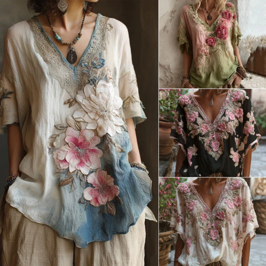 【S-4XL】Blusa elegante con cuello en V profundo y estampado floral