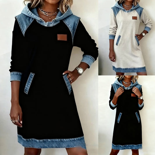 🔥50% sleva🌷Nové jarní přírůstky🌞Nové módní džínové patchworkové šaty s kapucí