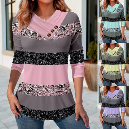 👚 50% de descuento 🔥【S-5XL】Nueva blusa de mujer de primavera con bloques de color, cuello en V, manga larga✅️