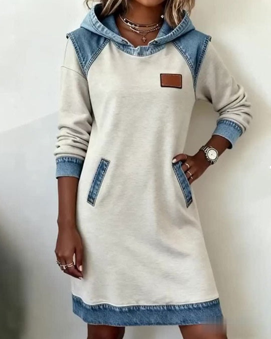 🔥50% sleva🌷Nové jarní přírůstky🌞Nové módní džínové patchworkové šaty s kapucí