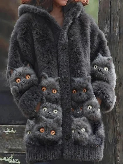 🔥🐾【descuento por tiempo limitado -50%】 Abrigo con capucha para mujer, elegante y adorable, con estampado de animales, ideal para otoño e invierno 🧥✨-E