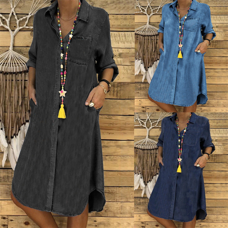【S-5XL】2026 plus size ladies denim dress casual dress plain color
