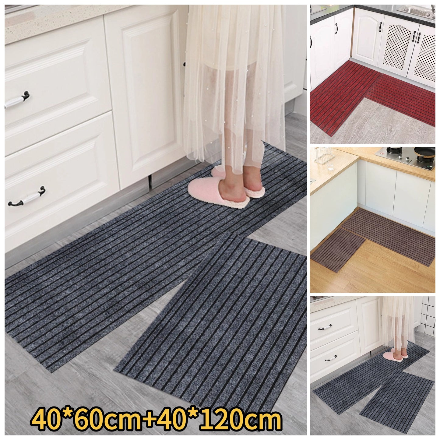 💥(40*60cm+40*120cm) Tapete de cocina antideslizante engrosado con rayas antideslizantes, absorbente de agua y aceite