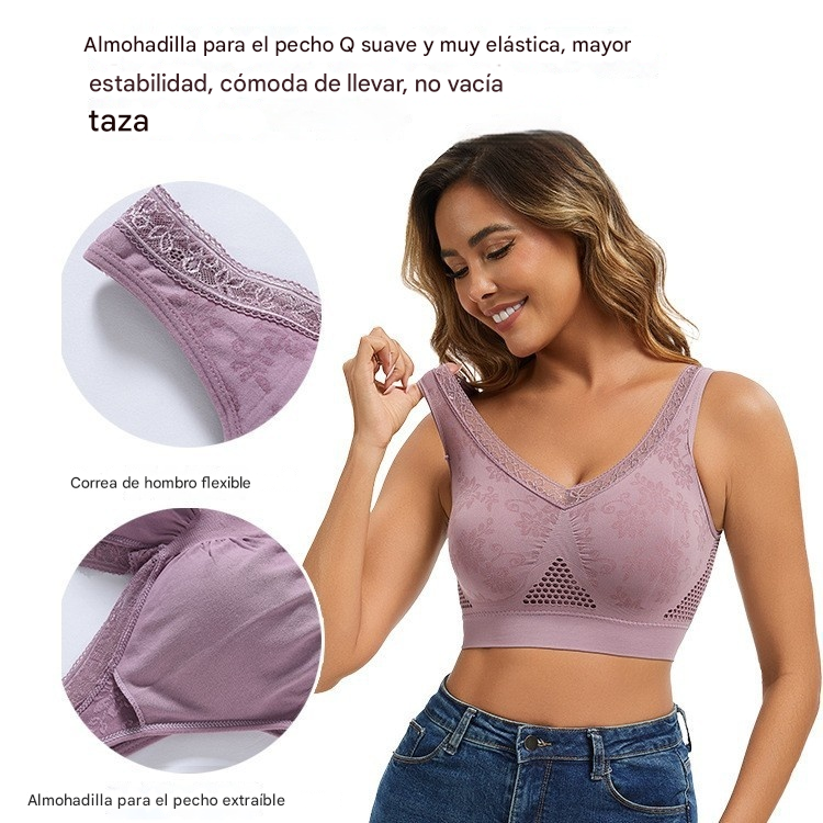 😍❤️Talla grande 40-120 kg【Paquete de 3】✨Sujetador de encaje sin aros para mujer, alta sujeción