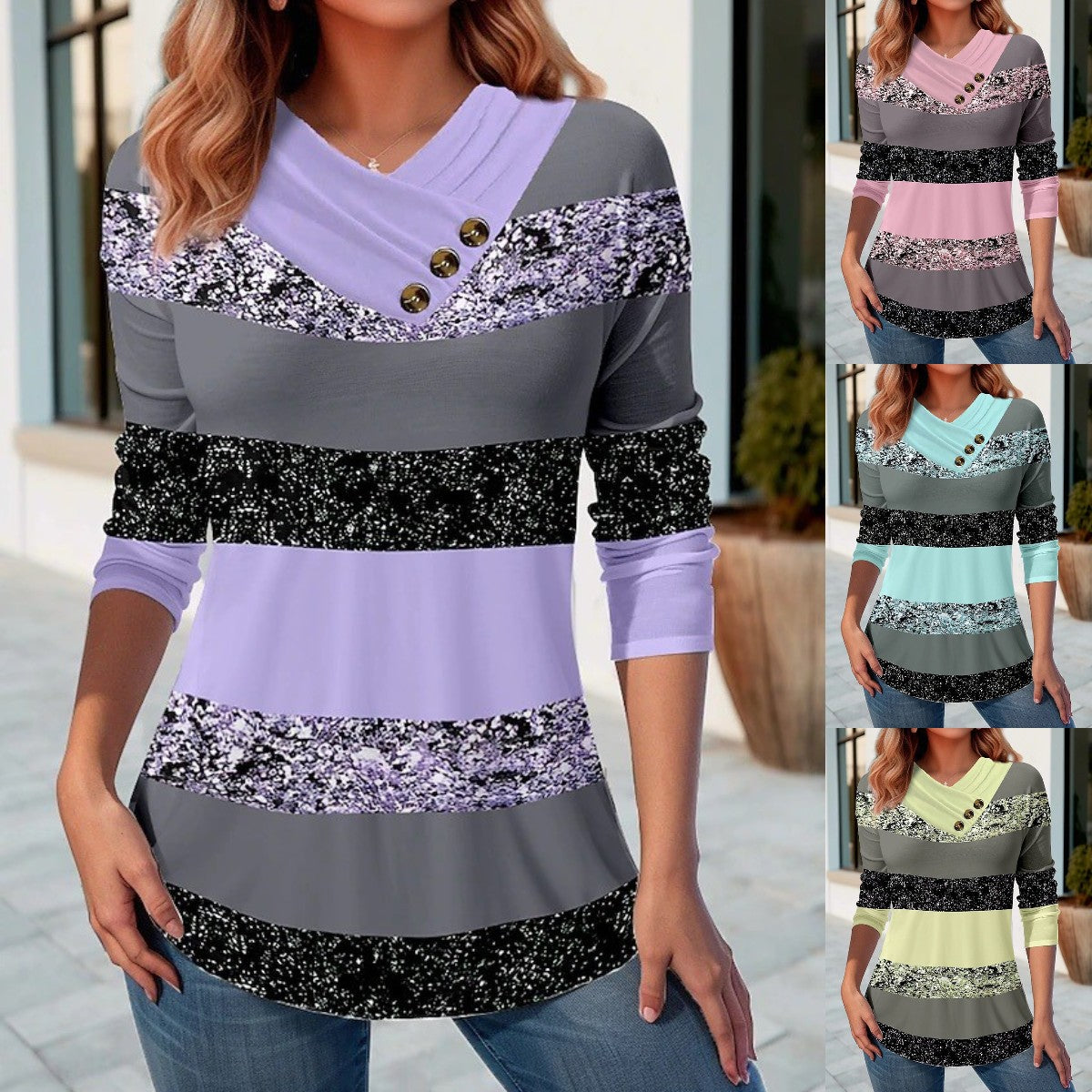👚 50% de descuento 🔥【S-5XL】Nueva blusa de mujer de primavera con bloques de color, cuello en V, manga larga✅️