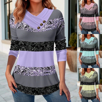👚 50% de descuento 🔥【S-5XL】Nueva blusa de mujer de primavera con bloques de color, cuello en V, manga larga✅️