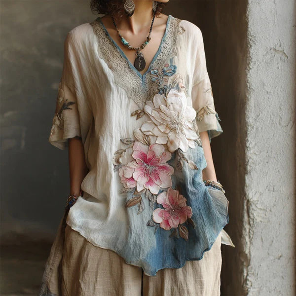 【S-4XL】Blusa elegante con cuello en V profundo y estampado floral