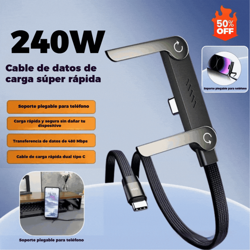 🔥Compra 1 y llévate 1 gratis🔥⚡Cable de carga rápida 2 en 1 con soporte ajustable para teléfono🔋