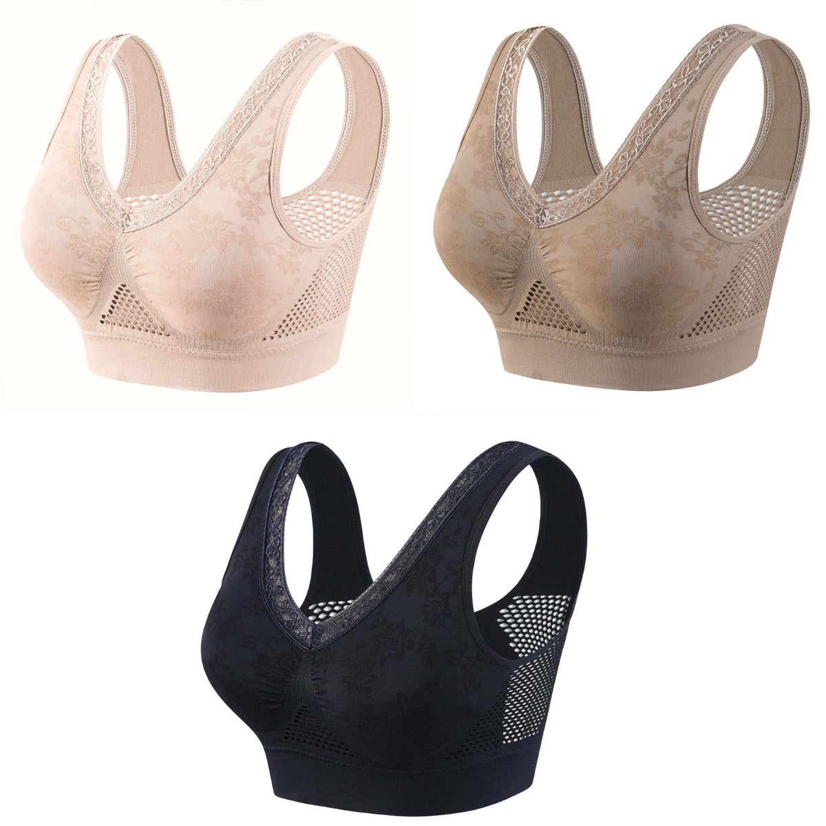 😍❤️Talla grande 40-120 kg【Paquete de 3】✨Sujetador de encaje sin aros para mujer, alta sujeción